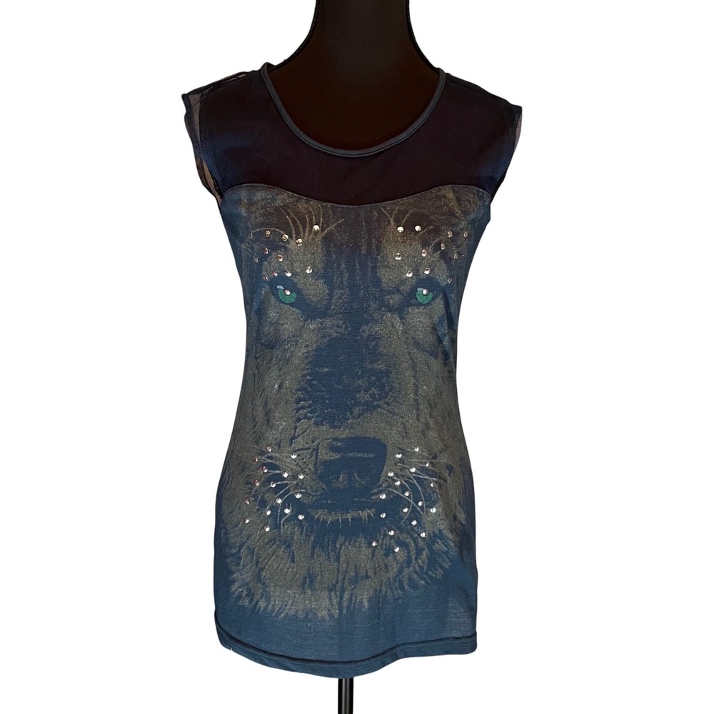 rue21 Womens Wolf Graphic Rhinestone Mesh Yoke Sleeveless Tunic Top M Whimsigoth